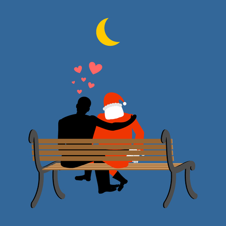 Christmas Lover. Santa Claus and man looking at moon. Date night. Man and Santa sitting on bench. Month in night dark sky. Romantic New Year illustration
のイラスト素材
