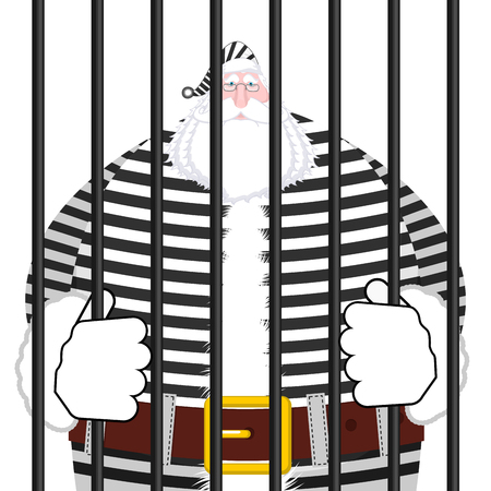 Santa Claus prison in striped robe. Window in prison with bars. Bad Santa criminal. New year is canceled. Christmas Jailのイラスト素材