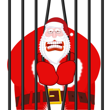 Santa Claus gangster. Christmas in prison. Window in prison with bars. Bad Santa prisoner criminal. New year is canceled. Jail break.のイラスト素材