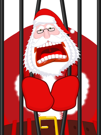 Santa Claus prisoner. Christmas in prison. Window in prison with bars. Bad Santa criminal. New year is canceled. Jail breakのイラスト素材