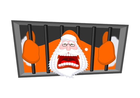 Santa Claus orange prisoner clothing. Christmas in prison. Window in prison with bars. Bad Santa criminal. New year is canceled. Jail breakのイラスト素材