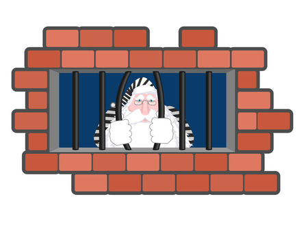 Santa Claus Jail. Window in prison with bars. Bad Santa criminal. New year is canceled. Christmas prison in striped robeのイラスト素材