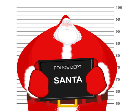 Mugshot Santa Claus at Police Department. Mug shot Christmas. Arrested Bad Santa holding black plate. Grandpa Photo Prisoner in custody for new year. offender portraitのイラスト素材