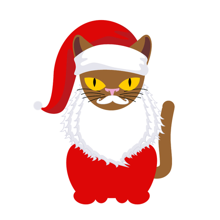 Cat Santa. Pet in Christmas cap. New Year illustration. Xmas template of cute catのイラスト素材