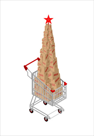 Christmas sale box in supermarket card. fir-tree of gifts in shopping trolley. New Year discount. Holiday xmas sales. present pileのイラスト素材