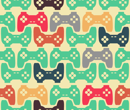 Joystick seamless pattern. Retro gamepad texture. Vintage video game accessory background. console...
