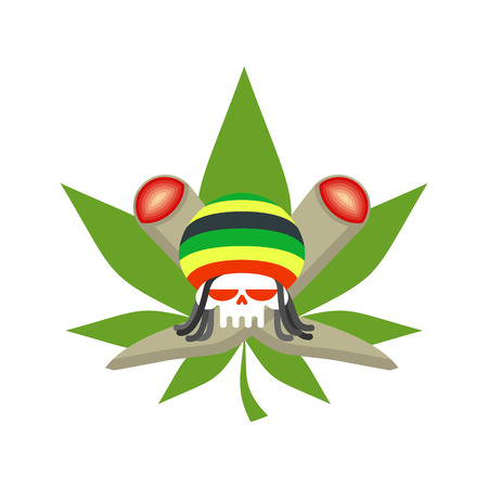 Rasta logo. Rastafarian hat and skull. joint or spliff and marijuana leafのイラスト素材