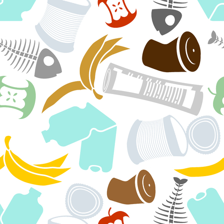Rubbish seamless pattern. Garbage texture. trash ornament. litter background. peel from banana and stub. Tin and old newspaper. Bone and packaging. Crumpled paper and plastic bottleのイラスト素材