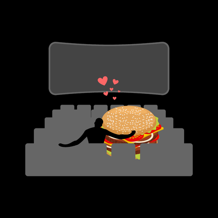 lover fast food. Man and hamburger in movie theater. Guy and Burger. Lovers watching cinema. Romantic date fastfood. Glutton Lifestyleのイラスト素材
