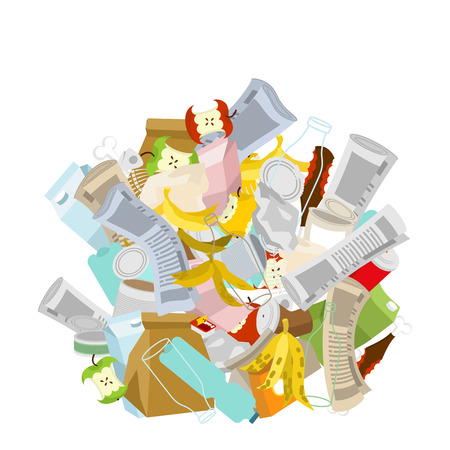 heap trash isolated. Pile Rubbish. Garbage Stack. litter background. peel from banana and stub. Tin and old newspaper. Bone and packaging. Crumpled paper and plastic bottleのイラスト素材