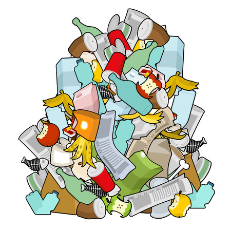 Pile Rubbish. Garbage heap  isolated. Stack trash. litter background. peel from banana and stub. Tin and old newspaper. Bone and packaging. Crumpled paper and plastic bottleのイラスト素材