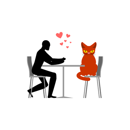 Cat lover in cafe. my kitty. Lovers in restaurant. Pet and guy. Romantic dateのイラスト素材