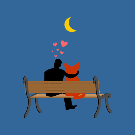 Cat lover sitting on bench. my kitty. Pet and guy. Romantic dateのイラスト素材