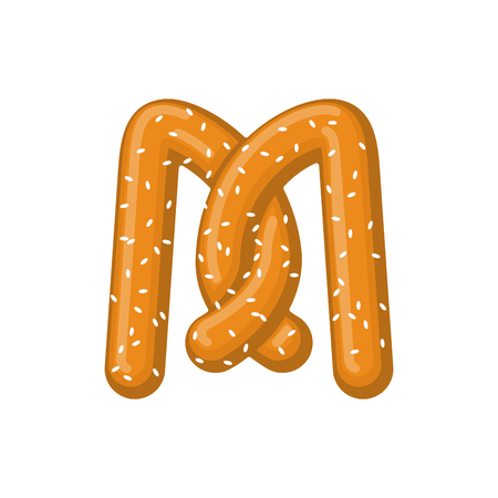Letter M pretzel. snack font symbol. Food alphabet sign. Traditional German meal is ABC. Bakeのイラスト素材