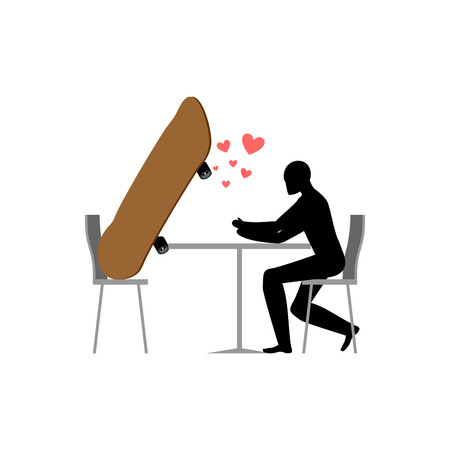 Lover skateboarding. Skateboard and guy in cafe. Lovers in restaurant. Romantic date. Love extreme sportsのイラスト素材