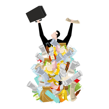 Businessman in garbage heap. Boss in Pile Rubbish. Waste management in Stack trashのイラスト素材