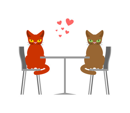Cat lovers in cafe. Lover in restaurant. Pet Romantic date. Cats lifestyleのイラスト素材