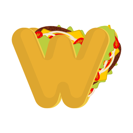 Letter W tacos. Mexican fast food font. Taco alphabet symbol. Mexico meal ABCのイラスト素材