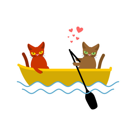 Cat lovers ride in boat. Lover of sailing. Pet Romantic date. Cats lifestyleのイラスト素材