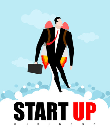 Start UP. Businessman jet pack. Manager is on rocket. Business concept.のイラスト素材