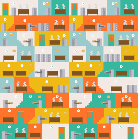 Office Corporate interior pattern. Managers in workplace background. Tables and File Cabinet ornament. Businessman at workのイラスト素材