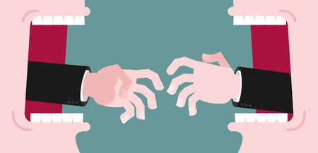 Business dispute. Business hands reach for handshake. Reach out.  Open mouth and teeth. They were locked in tongues.のイラスト素材