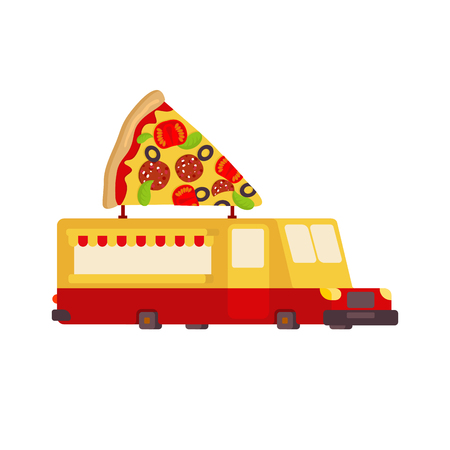 Pizza car food truck. Fast food car. Vector illustrationのイラスト素材