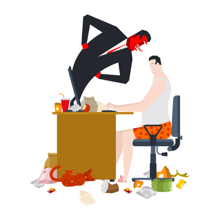 angry boss screams at freelancer. Monitoring of remote work. Vector illustrationのイラスト素材