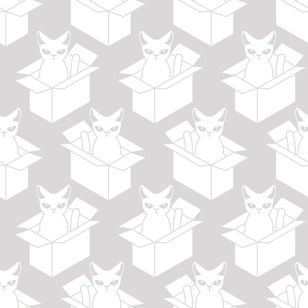 Cat in box white texture. Pet in cardboard box background. vector patternのイラスト素材