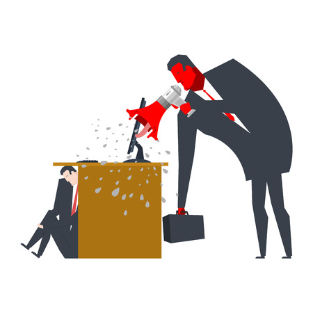 Angry Boss is scolding manager. manager is hiding under table. Office life. Businessman screaming at subordinate. Desktop at computer. Punishment at work. Vector illustrationのイラスト素材