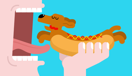 Eat Hot dog dachshund. Open mouth and teeth. Pet Animal Hotdog. Vector illustrationのイラスト素材