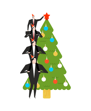 New Year corporate party. Businessman decorates Christmas tree. Christmas at office. Manager in hat of Santa Claus.のイラスト素材