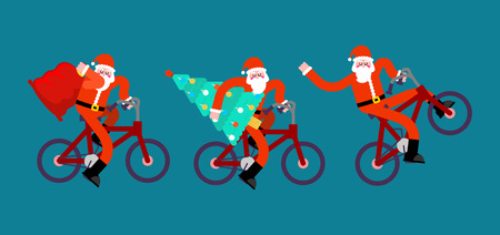 Santa Claus on bicycle set. Red bag and Christma tree. Happy New Year. Xmas BMX vector illustrationのイラスト素材