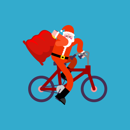 Santa Claus on bicycle and red bag. Happy New Year. Christmas vector illustrationのイラスト素材