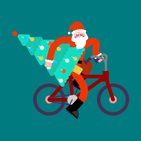 Santa Claus on bicycle and Christmas Tree. Happy New Year vector illustrationのイラスト素材