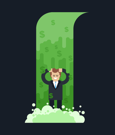 Money waterfall and businessman. River of cash. Flow of dollars. Profit business concept. Vector illustrationのイラスト素材