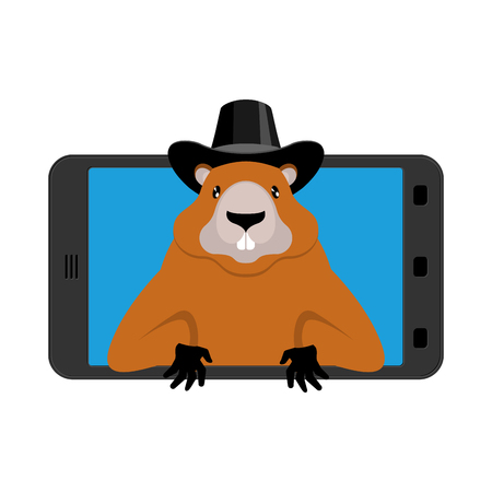 Marmot in a phone icon illustration for Groundhog Day holiday.のイラスト素材