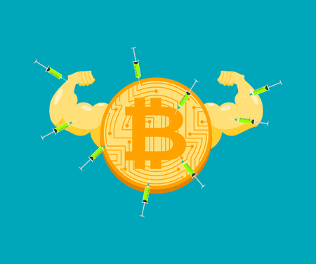 Doping for Bitcoin. Strong crypto currency and steroids. Syringe with anabolic. Bodybuilder coin. Vector illustration
のイラスト素材