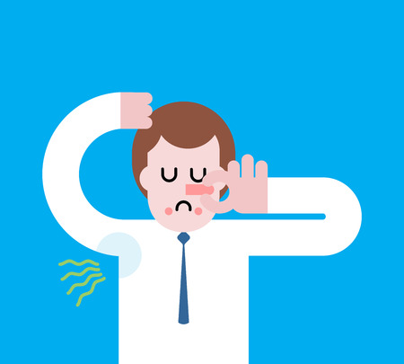 Smell of sweat. Smelly armpit. Stink. Man Close nose. Guy Stubs. Vector illustrationのイラスト素材