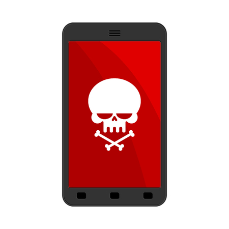 Virus in smartphone. Cyber attack on phone. Skull on screen. Blocked  Gadget does not work. Vector illustration
のイラスト素材