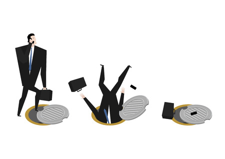 Businessman fell Sewer hatch set. Boss into manhole underground sewer.  のイラスト素材