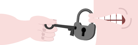 Mouth to lock. Hand with key to open padlock.
のイラスト素材