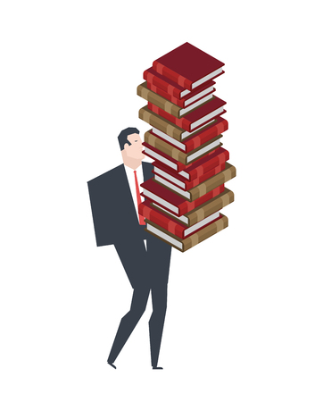Businessman carry stack of books. Boss and lot of book. Vector illustrationのイラスト素材