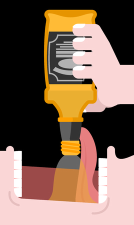 Drink bottle alcohol. Open mouth and whiskey, bourbon. Pour in tequila. Alcoholic. Teeth and tongueのイラスト素材