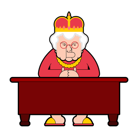 Queen for workplace Desktop. Boss old lady in crown sits at table. Vector illustrationのイラスト素材