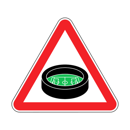 Attention Stadium. Red prohibitory triangular road sign. Caution  Football arena. Vector illustrationのイラスト素材