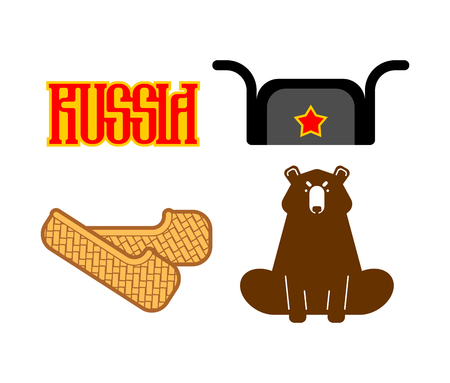 Russia set sign icon. Bast shoes and bear. Ushanka and red star. Russian National Folk symbol. Vector illustration
のイラスト素材