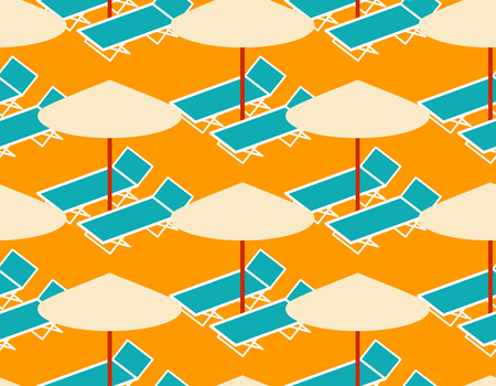 Beach background. Deck chair and umbrella pattern seamless. Summer ornament. Vector illustration.のイラスト素材