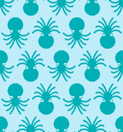 Octopus pixel art pattern seamless. Devilfish 8 bit background. Poulpe vector ornamentのイラスト素材