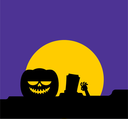 Halloween background horror. Cemetery and moon. Pumpkin and zombies. Skeletons. Scary Holiday Backdrop Vector Illustrationのイラスト素材
